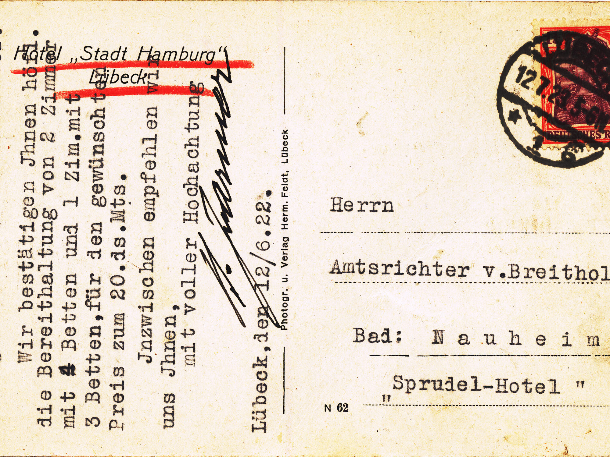 Reservation confirmation from 1922, personally signed by Heinrich Wilhelm Johann Theodor Jarmer.